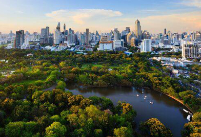 Overhead shot of park in front of city