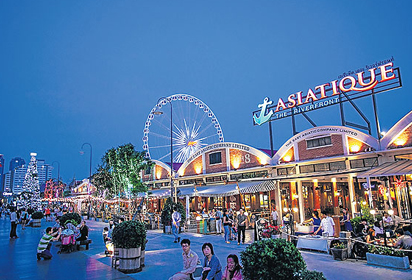Waterfront shops at dusk